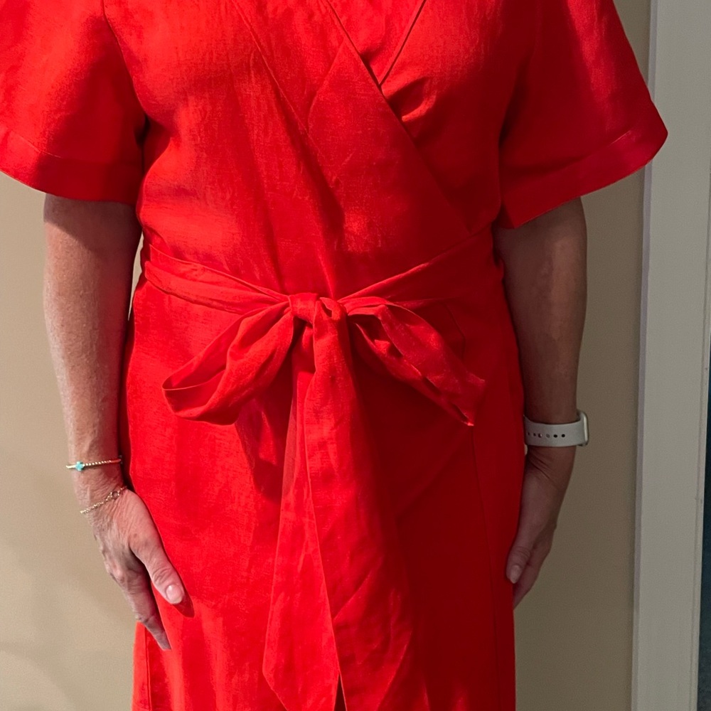 Emily McCarthy Red Sheath Midi Dress with Tie Front and V-Neck